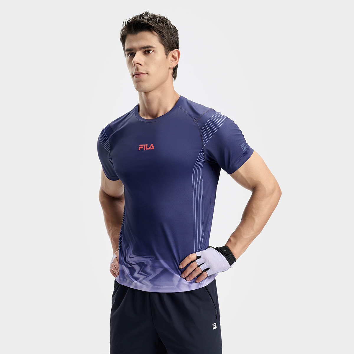Men's off-court fitness full print slim round neck short-sleeved T-shirt